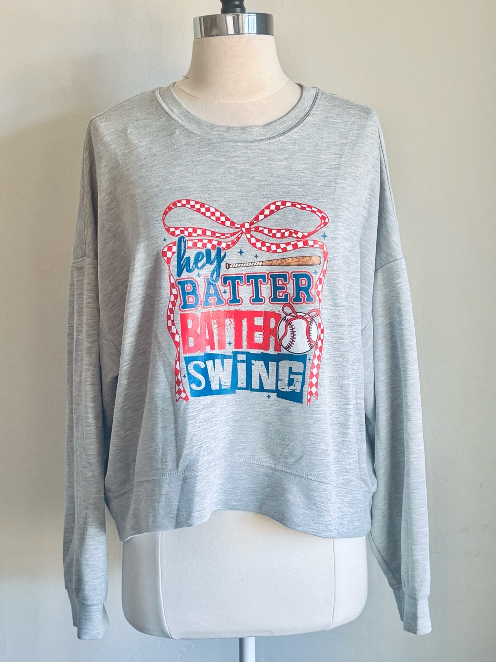 Light Gray Graphic 'Hey Batter Batter Swing' Women's Drop Shoulder Sweatshirt, L